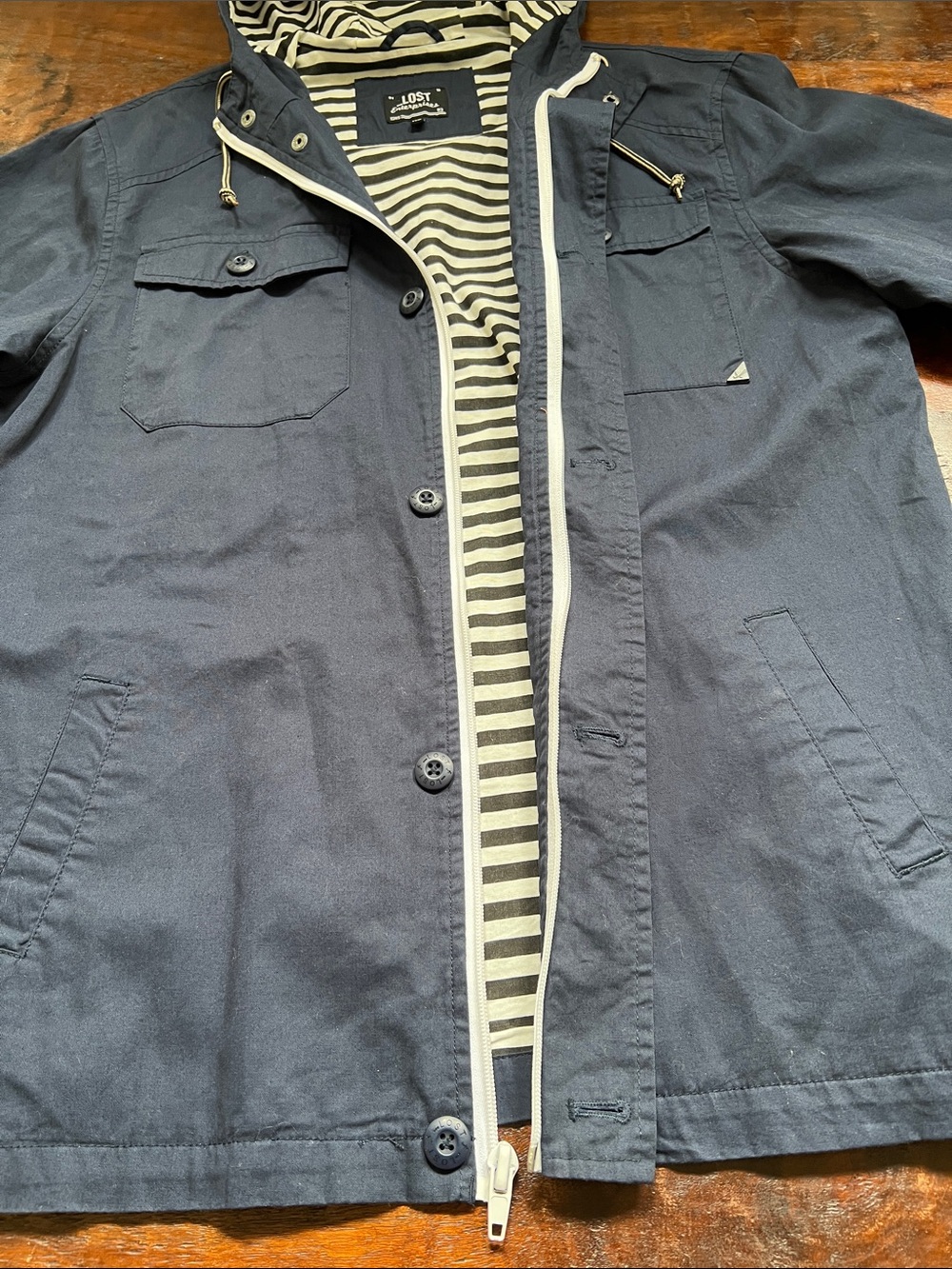 LOST ENTERPRISES Mens Navy Blue Hooded Utility Jacket Striped Lining Size XL - Picture 2 of 13